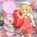  2girls ascot back_bow bat_wings black_wings blonde_hair bow breasts brooch closed_mouth collared_shirt crossed_arms crystal dress flandre_scarlet frilled_shirt_collar frilled_skirt frilled_sleeves frills grey_hair hat hat_ribbon holding holding_polearm holding_weapon jewelry laevatein_(touhou) large_bow light_smile looking_at_another medium_hair mob_cap moon multicolored_wings multiple_girls one_side_up pink_headwear pink_shirt pink_skirt polearm puffy_short_sleeves puffy_sleeves red_bow red_brooch red_dress red_eyes red_moon red_ribbon remilia_scarlet ribbon ribbon-trimmed_skirt ribbon_trim sagami_kaede shirt short_sleeves siblings sisters skirt small_breasts touhou upside-down weapon white_headwear white_shirt wings yellow_ascot 