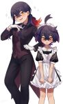  1boy 1girl ahoge alternate_costume apron black_dress black_hair black_jacket black_pants blush brother_and_sister brown_vest carmine_(pokemon) collared_shirt crossdressing crossed_bangs dress gloves hair_between_eyes hair_ribbon highres jacket kieran_(pokemon) long_hair long_sleeves maid maid_headdress mitorizu_02 mole mole_on_neck mole_under_eye open_clothes open_jacket open_mouth orange_eyes otoko_no_ko pants pokemon pokemon_sv purple_hair red_hair ribbon shirt short_sleeves siblings simple_background sparkle sweat vest white_apron white_background white_gloves white_shirt 