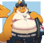2024 anthro belly big_belly blush bottomwear clothing dragon hi_res kemono kusosensei male moobs musk nipples overweight overweight_male pants shimousa_(tamacolle) simple_background solo tamacolle