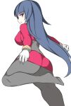  1girl ass blue_hair brown_eyes closed_mouth feet full_body gloves long_hair looking_at_viewer nintendo non-web_source pink_shirt pokemon sabrina_(pokemon) shirt simple_background socks source_request white_background 