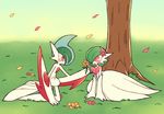  1girl arm_support blue_hair blush couple day flower gallade gardevoir gen_3_pokemon gen_4_pokemon grass green_hair hair_flower hair_ornament hair_over_one_eye hand_up hetero holding kneeling mega_gallade mega_gardevoir mega_pokemon multicolored_hair no_humans open_mouth outdoors petals pink_flower pokemon pokemon_(creature) red_eyes shiwo_(siwosi) short_hair sitting sky smile tree two-tone_hair yellow_flower 