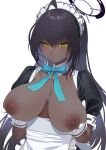  1girl absurdres ahoge black_hair blue_archive breast_hold breasts breasts_out closed_mouth commentary_request dark-skinned_female dark_nipples dark_skin gloves halo highres karin_(blue_archive) large_breasts long_hair looking_at_viewer nipples sagging_breasts short_sleeves simple_background solo white_background white_gloves yanyo_(ogino_atsuki) yellow_eyes 