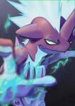  absurdres black_eyes blurry blurry_foreground closed_mouth commentary_request electricity fang film_grain glowing highres horns iwashi_(66senninjin99) looking_at_viewer pokemon pokemon_(creature) single_horn skin_fang solo spikes toxtricity toxtricity_(low_key) 