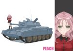  1girl :o absurdres black_footwear black_skirt boots character_name commentary crusader_(tank) cup emblem finger_to_mouth girls_und_panzer highres holding holding_cup jacket knee_boots long_hair long_sleeves looking_at_viewer military_uniform military_vehicle miniskirt motor_vehicle peach_(girls_und_panzer) pink_hair pleated_skirt qgkmn541 red_jacket skirt st._gloriana&#039;s_(emblem) st._gloriana&#039;s_military_uniform standing tank teacup uniform wavy_hair white_background 