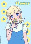  1girl blonde_hair blue_background blue_dress blue_eyes blue_flower blue_nails blush_stickers cellphone commentary covered_mouth dated dress earrings flip_phone flower flower_earrings grey_shirt hair_flower hair_ornament hairclip hand_up head_tilt highres holding holding_phone jewelry looking_at_viewer nail_polish neki_(wakiko) original phone puffy_short_sleeves puffy_sleeves shirt short_sleeves simple_background sleeveless sleeveless_dress solo twitter_username upper_body white_flower 