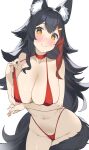  1girl absurdres animal_ears arm_under_breasts bikini black_hair blush breasts byeon_dha choker hair_ornament hairclip highres hololive large_breasts long_hair looking_at_viewer micro_bikini multicolored_hair ookami_mio red_bikini red_choker sidelocks solo streaked_hair string_pull swimsuit tail tail_around_own_leg virtual_youtuber white_background wolf_ears wolf_tail yellow_eyes 