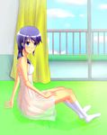  1girl artist_request ass bare_shoulders blue_eyes blue_hair breasts corpse_party dress knee_socks long_hair looking_at_viewer low_twintails shinozaki_ayumi shiny shiny_hair shiny_skin sideboob sitting smile socks solo sundress twintails 
