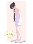  1girl bare_shoulders black_eyes black_hair closed_mouth collarbone commentary_request full_body hair_over_shoulder highres houshou_(kancolle) kantai_collection long_hair looking_down ponytail solo standing sweat weighing_scale white_towel yuichi_(sp_sakura_yoshi) 