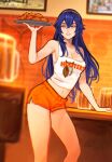  1girl alternate_costume bare_shoulders beer_mug blue_eyes blue_hair breasts cleavage commentary commission contemporary cup english_commentary fire_emblem fire_emblem_awakening food hair_between_eyes hairband highres holding holding_tray hooters indoors long_hair lucina_(fire_emblem) medium_breasts midriff mug navel orange_shorts sethkiel shirt short_shorts shorts sleeveless sleeveless_shirt solo tray white_shirt 