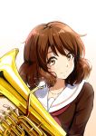  1girl absurdres backlighting brown_eyes brown_hair brown_shirt bushi_j chinese_commentary closed_mouth commentary_request curly_hair euphonium hibike!_euphonium highres holding holding_instrument instrument kitauji_high_school_uniform looking_at_viewer neckerchief oumae_kumiko partial_commentary red_neckerchief sailor_collar school_uniform serafuku shirt short_hair smile solo white_sailor_collar 