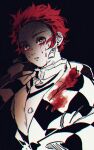  1boy bleeding blood blood_from_eyes brown_hair checkered_clothes demon_slayer_uniform earrings hanafuda_earrings haori highres imai japanese_clothes jewelry kamado_tanjirou kimetsu_no_yaiba long_sleeves looking_at_viewer male_focus monochrome parted_lips red_hair scar scar_on_face scar_on_forehead short_hair solo spot_color upper_body 