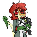 anthro blush clothed clothing compsognathid compsognathus dinosaur faustanon female hair hand_puppet looking_at_viewer plushie pupils red_eyes red_hair reptile scales scalie schizo_chan_(snoot_game) shirt simple_background slit_pupils smile smiling_at_viewer snoot_game snout solo tan_body tan_scales theropod topwear white_background