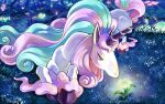  animal_focus bioluminescence blue_eyes galarian_rapidash glowing glowing_flower glowing_mushroom looking_at_flowers lying monjiro multicolored_hair mushroom night no_humans nostrils on_grass on_stomach pokemon pokemon_(creature) solo unicorn 