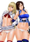  2girls bare_shoulders blonde_hair blue_eyes breasts brown_eyes brown_hair cleavage crop_top elbow_gloves emilie_de_rochefort fingerless_gloves frills gloves halter_top halterneck kazama_asuka large_breasts locked_arms long_hair lowleg lowleg_panties microskirt midriff multiple_girls navel no_bra no_pants panties panty_pull revealing_clothes short_hair skirt smile solid_air strapless tekken thighhighs tubetop underboob underwear unzipped white_panties zonda_(solid_air) 