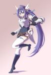  1girl absurdres armor black_footwear blue_eyes boots breastplate hairband highres leg_up long_hair looking_at_viewer mifuyu_(princess_connect!) ponytail princess_connect! purple_hair ru-ru running shoulder_armor solo thighhighs very_long_hair winged_hairband 