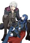  1boy 1girl ameno_(a_meno0) belt blue_hair boots breasts brown_eyes closed_eyes coat fire_emblem fire_emblem_awakening gloves grey_hair hair_between_eyes long_hair long_sleeves lucina_(fire_emblem) pants pantyhose robin_(fire_emblem) robin_(male)_(fire_emblem) shirt short_hair sitting sleeping small_breasts spread_legs thigh_boots tiara white_background 