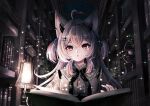  1girl :o ahoge animal_ears armillary_sphere book bookshelf cat_ears cat_girl commission dark_room desk_lamp frills hair_ornament hairclip heart heart_ahoge highres horns indie_virtual_youtuber lamp library light_particles long_hair multicolored_hair muted_color parted_lips pixiv_commission reading red_hair solo streaked_hair tanaka_fumiko two_side_up virtual_youtuber white_hair 