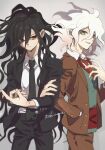  2boys :d black_hair black_necktie black_pants brown_eyes brown_hair brown_jacket brown_pants closed_mouth cowboy_shot danganronpa_(series) danganronpa_3_(anime) goku_suzume green_vest grey_background hair_between_eyes jacket kamukura_izuru komaeda_nagito long_hair long_sleeves male_focus multicolored_hair multiple_boys necktie pants red_eyes red_necktie red_vest simple_background smile two-tone_hair vest white_hair 