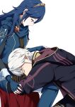  ameno_(a_meno0) armor black_robe black_sweater blue_cape blue_eyes blue_gloves blue_hair brown_gloves cape closed_eyes closed_mouth commentary fingerless_gloves fire_emblem fire_emblem_awakening gloves hood hood_down hooded_robe long_hair long_sleeves looking_at_another lucina_(fire_emblem) on_lap pauldrons profile red_cape ribbed_sweater robe robin_(fire_emblem) robin_(male)_(fire_emblem) short_hair shoulder_armor sitting smile sweater tiara two-tone_cape white_hair 