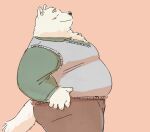 2024 anthro belly big_belly black_nose blush bottomwear canid canine canis clothing domestic_dog eyes_closed hi_res kemono male mammal overweight overweight_male pants pommn_mn simple_background solo sweater sweater_vest topwear vest