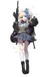  1girl 2t_(vmyz7342) :d black_bag black_coat black_footwear black_gloves blonde_hair blue_neckerchief blue_skirt boots buckle coat fingerless_gloves full_body girls&#039;_frontline girls&#039;_frontline_2:_exilium gloves gun hand_up holding holding_gun holding_weapon long_hair long_sleeves looking_at_viewer neckerchief one_side_up plaid plaid_skirt pleated_skirt purple_eyes rifle shell_casing shirt sidelocks simple_background skirt smile snap-fit_buckle socks solo sparkle standing stuffed_animal stuffed_dinosaur stuffed_toy tachi-e v vepley_(girls&#039;_frontline_2) vepr-12 weapon white_background white_socks yellow_shirt 