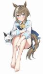  1girl animal_ears bare_legs belt blue_eyes blush breasts brown_hair cheval_grand_(umamusume) closed_mouth hair_between_eyes hat horse_ears horse_girl horse_tail looking_at_viewer medium_breasts medium_hair oshage_(osyage921) shorts sitting solo tail umamusume unworn_hat unworn_headwear white_background 