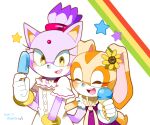  2girls animal_ears blaze_the_cat cat_ears cat_girl cat_tail closed_eyes cream_the_rabbit food forehead_jewel furry furry_female gloves holding holding_food holding_ice_cream ice_cream kusunoki_cherry multiple_girls open_mouth ponytail popsicle purple_fur rabbit_ears rabbit_girl rabbit_tail sonic_(series) star_(symbol) tail white_gloves 