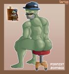 absurd_res anthro beard butt chair clothing electronic_arts facial_hair furniture green_body hat headgear headwear hi_res humanoid male muscular muscular_male mustache nude plants_vs._zombies popcap_games sartex simple_background sitting smile smiling_at_viewer solo teeth text undead zombie