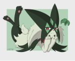 ambiguous_gender anthro fangs fur generation_9_pokemon gooeythings green_body green_fur hand_on_face hi_res looking_at_viewer lying meowscarada nintendo on_front pawpads paws pokemon pokemon_(species) red_eyes smile solo tail teeth