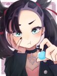  1girl :t asymmetrical_bangs black_choker black_jacket black_nails caffeee choker earrings elbow_rest forehead green_eyes hair_ribbon holding_orb jacket jewelry looking_at_viewer marnie_(pokemon) pokemon pokemon_swsh pout ribbon solo stud_earrings twintails undercut v-shaped_eyebrows 