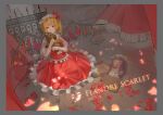  1girl 89207494 absurdres ascot blonde_hair character_doll crystal crystal_wings flandre_scarlet flower frills full_body highres indoors medium_hair patchouli_knowledge petals red_eyes rose side_ponytail stuffed_animal stuffed_toy teddy_bear touhou yellow_ascot 