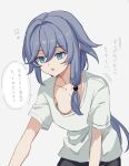  1girl black_pants blue_eyes breasts collarbone commentary_request downblouse fu_hua grey_background grey_hair grey_shirt hair_between_eyes highres honkai_(series) honkai_impact_3rd long_hair macaroni_0101 nipples pants parted_lips shirt short_sleeves simple_background small_breasts solo translation_request very_long_hair 