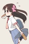  1girl bag blue_bag bow bowtie brown_footwear brown_hair collared_shirt flower flying_sweatdrops food_in_mouth from_side hair_flower hair_ornament highres hitori_bocchi hitoribocchi_no_marumaru_seikatsu katsuwo_(cr66g) light_blush long_hair pink_flower red_bow red_bowtie school_bag school_uniform shirt short_sleeves shuka_high_school_uniform simple_background solo white_shirt 