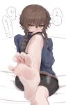  1girl amane_suzuha barefoot bed_sheet bike_shorts black_shorts blue_jacket blush braid brown_hair covering_own_mouth embarrassed feet foot_focus foot_out_of_frame foot_up frown greek_toe green_eyes hair_between_eyes hand_up highres jacket kahlua_(artist) knee_up leaning_back long_sleeves short_shorts shorts sitting sleeves_past_wrists smell soles solo speech_bubble spread_toes steaming_body steins;gate sweatdrop toes twin_braids v-shaped_eyebrows white_background 