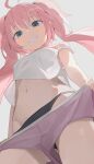  1girl ahoge black_panties blue_eyes blush clenched_teeth clothes_pull grey_background highres hiroki_(yyqw7151) long_hair looking_at_viewer milim_nava navel panties panties_under_shorts pink_hair pink_shorts shorts shorts_pull simple_background smile tank_top teeth tensei_shitara_slime_datta_ken twintails underwear white_tank_top 