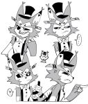  ... 1boy ? absurdres amykem anger_vein animal_ears animal_nose body_fur bottle bow bowtie cat_boy cat_ears character_name chinese_commentary closed_mouth colored_sclera commentary_request cropped_torso expressions frown furrowed_brow furry furry_male greyscale grin hat hazbin_hotel highres holding holding_bottle husk_(hazbin_hotel) looking_to_the_side male_focus monochrome multicolored_wings multiple_views pointing sharp_teeth simple_background smile speech_bubble spoken_ellipsis spoken_question_mark suspenders teeth top_hat traditional_bowtie two-tone_fur v-shaped_eyebrows wings 