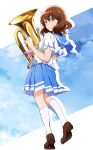  1girl absurdres blue_sailor_collar blue_skirt blue_sky brown_eyes brown_footwear brown_hair closed_mouth cloud cloudy_sky euphonium from_side hibike!_euphonium highres holding holding_instrument instrument kengo_kumaxile kitauji_high_school_uniform kneehighs loafers looking_at_viewer looking_back miniskirt neckerchief oumae_kumiko pink_neckerchief pleated_skirt sailor_collar school_uniform serafuku shirt shoes short_hair short_sleeves silhouette skirt sky smile socks solo standing standing_on_one_leg summer_uniform white_shirt white_socks 