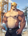  1boy abs absurdres animal_ears bara bear_boy bear_ears bottle brown_fur bulge construction_site construction_worker cowboy_shot eyepatch furry furry_male hairy hard_hat helmet highres large_pectorals looking_at_viewer male_focus muscular muscular_male navel nipples original pectorals shan_yao_jun short_hair solo sparse_arm_hair sparse_chest_hair sparse_navel_hair stomach strongman_waist sweat thick_eyebrows topless_male water_bottle 