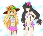  2girls bare_shoulders beryl_benito bikini black_hair blonde_hair breasts flower hat kohak_hearts long_hair midriff multiple_girls navel open_mouth purple_eyes ribbon skirt smile swimsuit tales_of_(series) tales_of_hearts yellow_eyes 