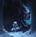  1girl absurdres animal_ears body_fur bow_(weapon) glowing glowing_eyes glowing_mouth grey_fur grey_hair highres holding holding_bow_(weapon) holding_weapon kindred_(league_of_legends) lamb_(league_of_legends) league_of_legends long_hair looking_at_viewer mask miseriaeametdolor night outdoors sheep_ears tree weapon wolf_(league_of_legends) 