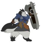 2018 anthro armello armor big_breasts bottomwear bracers breasts canid canine canis clothed clothing digital_media_(artwork) female flat_colors fur grey_body grey_fur hi_res magna_(armello) mammal shield solo thick_thighs topwear wolf xxsparcoxx