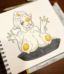 art_tools_in_frame breasts collarbone colored_skin commentary crevettavt dated egg eyelashes frying_pan highres huge_breasts one_eye_covered original photo_(medium) smile teeth traditional_media upper_teeth_only white_hair white_skin yellow_eyes 