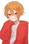  1boy blush collarbone hair_between_eyes hand_up highres hood hoodie long_sleeves looking_at_viewer male_focus open_clothes open_hoodie orange_eyes orange_hair project_sekai puffy_long_sleeves puffy_sleeves red_hoodie shirt short_hair simple_background smile solo standing t-shirt teeth tenma_tsukasa toramata4 v-shaped_eyebrows white_background white_shirt 