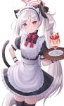  1girl :q absurdres alternate_costume animal_ears apron black_flower blue_archive cake cat_ears cat_tail enmaided fake_animal_ears fake_tail flower food fruit grey_hair halo highres holding long_hair looking_at_viewer maid maid_apron maid_headdress mutsuki_(blue_archive) neck_ribbon purple_eyes red_halo red_ribbon ribbon seungju_lee side_ponytail simple_background solo strawberry tail thighs tongue tongue_out very_long_hair white_apron white_background zettai_ryouiki 