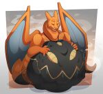 anthro belly black_belly black_body brady(sleepy_brady) charizard dragon dusknoir generation_1_pokemon generation_4_pokemon hi_res horn huge_belly hybrid jewelry male male_pred necklace nintendo oral_vore orange_body orange_tail orange_wings pokemon pokemon_(species) red_eyes scalie smile solo stomach_mouth struggling struggling_prey tail tongue tongue_out trpcafterdark vore wings