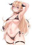  1girl absurdres alexi_oekaki arm_at_side arm_up armpits bare_arms bare_shoulders bikini black_bikini black_choker blonde_hair blush breasts cameltoe choker closed_mouth collarbone cowboy_shot demon_girl demon_horns demon_tail grey_eyes hair_between_eyes hand_on_own_head highres horns large_breasts long_hair looking_at_viewer navel original pointy_ears side-tie_bikini_bottom simple_background solo stomach string_bikini swimsuit tail thigh_strap wet white_background 