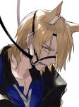  1boy absurdres animal_ear_fluff animal_ears arknights black_jacket blonde_hair blue_shirt bridle collared_shirt commentary glaring highres horse_boy horse_ears jacket looking_at_viewer male_focus mlynar_(arknights) necktie open_mouth pectoral_cleavage pectorals shirt short_hair simple_background solo symbol-only_commentary white_background white_necktie yakota_(usuk-yako) yellow_eyes 
