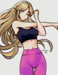  1girl alternate_costume black_sports_bra blue_eyes breasts clarisse_(fire_emblem) cleavage clenched_hand closed_mouth cowboy_shot cross-body_stretch english_commentary fire_emblem fire_emblem:_new_mystery_of_the_emblem high-waist_pants highres light_blush linea_alba long_hair medium_breasts navel one_eye_closed pants parted_bangs pink_pants rotomdocs sidelocks signature simple_background smile solo sports_bra thigh_gap toned very_long_hair white_background wide_hips yoga_pants 