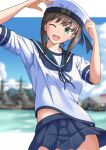  1girl black_hair blue_sailor_collar blue_skirt blue_sky blurry character_name cloud day depth_of_field fubuki_(kancolle) green_eyes hat highres kantai_collection kikuchi-shoogo medium_hair one_eye_closed open_mouth outdoors round_teeth sailor_collar sailor_hat sailor_shirt school_uniform serafuku ship shirt sidelocks skirt sky smile solo teeth upper_teeth_only watercraft white_headwear white_shirt 