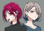  2girls black_shirt blue_hair blue_shirt closed_mouth collarbone colored_tips commentary_request ear_piercing earrings grey_background grey_eyes grey_hair jewelry looking_at_viewer multicolored_hair multiple_girls necklace original piercing purple_eyes purple_hair sakashima_0822 shirt short_hair simple_background sketch spiked_ear_piercing tongue tongue_out tongue_piercing two-tone_hair upper_body wolf_cut 
